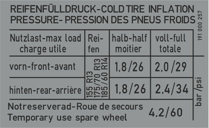 Picture of MK1 Golf 1.3 1984-1992 Tyre Pressure replacement Decal / Sticker