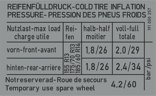 Picture of MK1 Golf 1.3 1984-1992 Tyre Pressure replacement Decal / Sticker