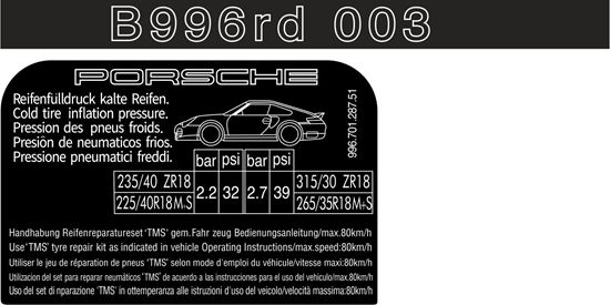Picture of 996  Carrera turbo Tyre Pressure replacement Decals / Stickers