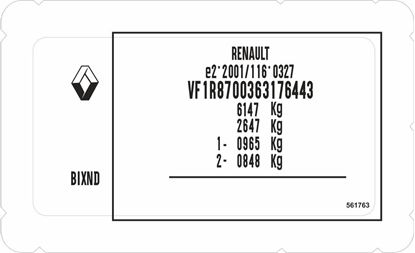 Picture of Renault Captur / Kadjar /  Clio / Megane / Twingo / Talisman /  Kangoo / replacement VIN Decal / Sticker