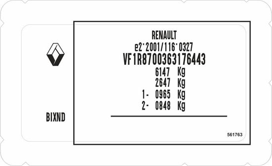 Picture of Renault Captur / Kadjar /  Clio / Megane / Twingo / Talisman /  Kangoo / replacement VIN Decal / Sticker