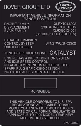Picture of Range Rover Classic 3.9L Exhaust Emmision replacement Decal / Sticker