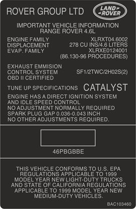 Picture of Range Rover Classic 4.6L Exhaust Emmision replacement Decal / Sticker