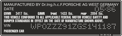 Picture of 911 1969 - 1989 replacement VIN Decal / Sticker