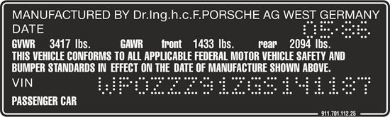 Picture of 911 1969 - 1989 replacement VIN Decal / Sticker