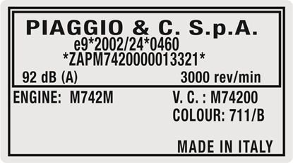 Picture of Vespa / Piaggio  replacement VIN Decal / Sticker