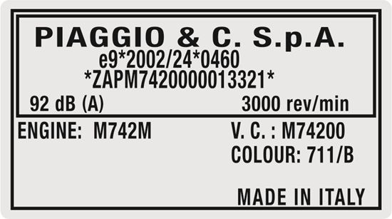 Picture of Vespa / Piaggio  replacement VIN Decal / Sticker