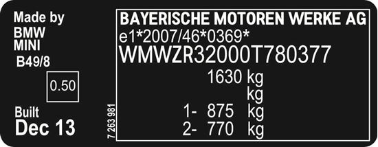 Picture of Mini R55 / R56 / R57 / R58 / R59 VIN Decal / Sticker