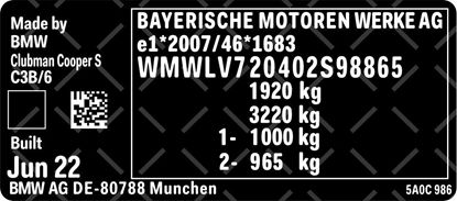 Picture of Mini F54 Clubman Cooper S VIN Decal / Sticker