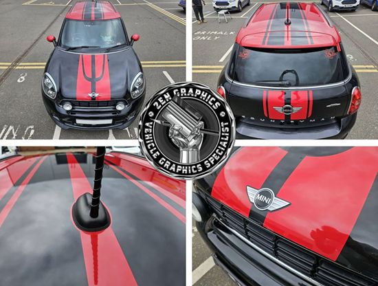 Picture of Chili Red and Black Mini R60 Countryman All4 Bonnet, Roof & Rear Stripes / Stickers