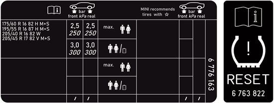 Picture of Fits Mini R53 GP 2006 Tyre Pressure & RDC Reset Labels / Stickers