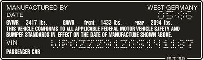 Picture of 911 1969 - 1989 replacement VIN Decal / Sticker