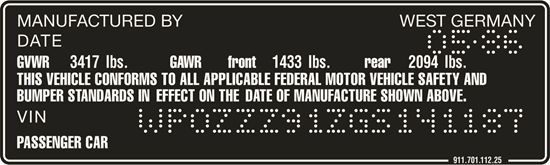 Picture of 911 1969 - 1989 replacement VIN Decal / Sticker