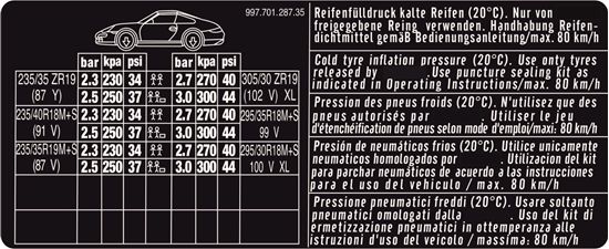 Picture of 997 Carrera S & 4S Tyre Pressure replacement Decal / Sticker