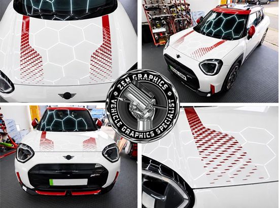 Picture of Fits Mini Aceman J05 Gloss Chili Red / Transparent  Bonnet Stripes / Stickers