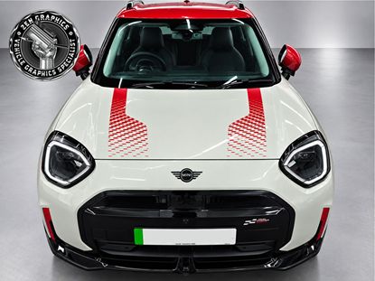 Picture of Fits Mini Aceman J05 Gloss Chili Red / Transparent  Bonnet Stripes / Stickers